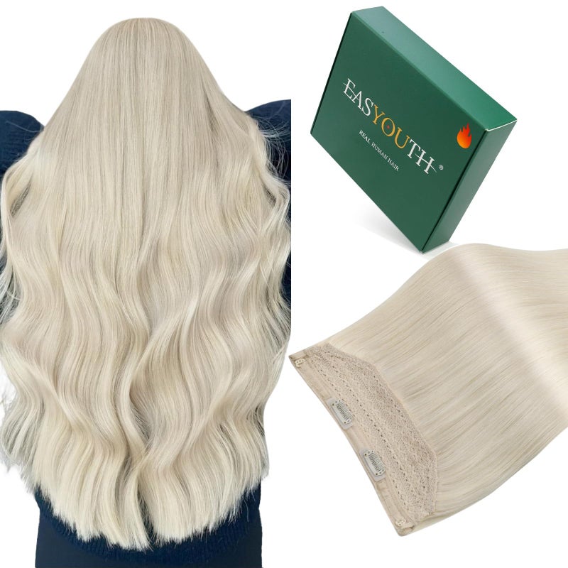 Easyouth Wire Hair Extensions Blonde Invisible Wire Hair Extensions Real Human Hair White Blonde Transparent Fish Line Hair Extension Real Human Hair Easy to Install 18 Inch 80g - Image 1